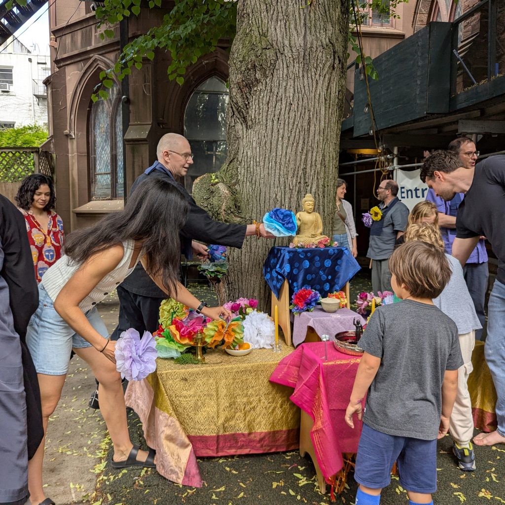 Setting up the baby buddha's altar outdoors